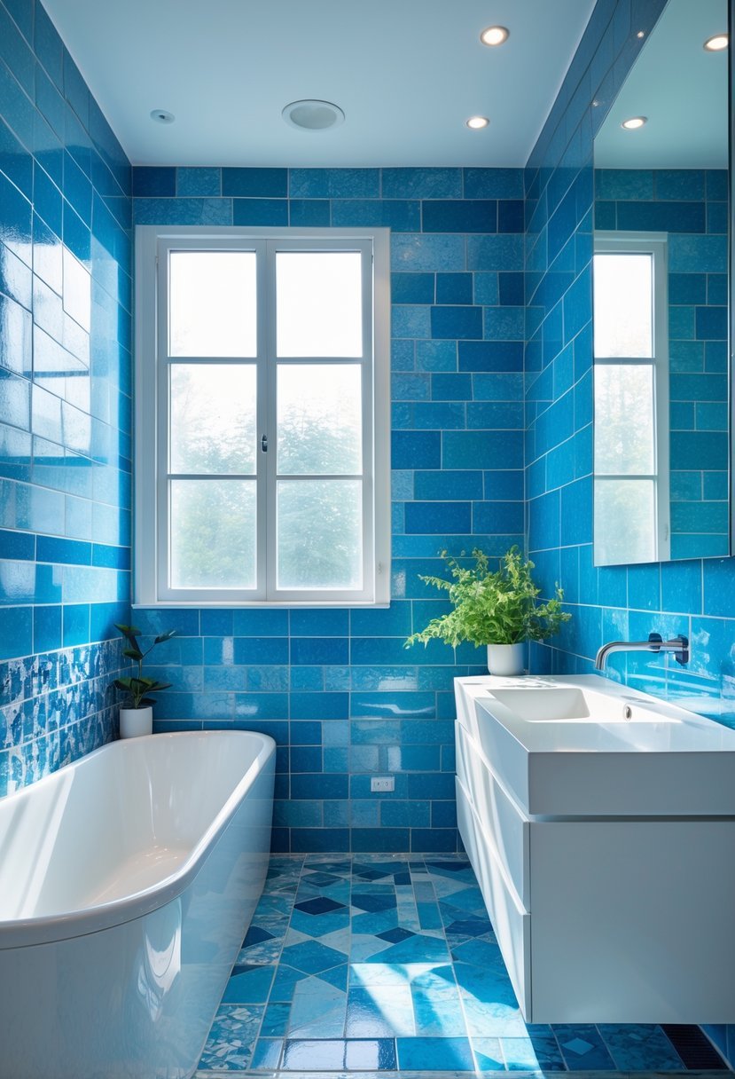 A modern bathroom with blue tiled walls and floor, a white bathtub, floating vanity, and a large mirror, illuminated by natural light.