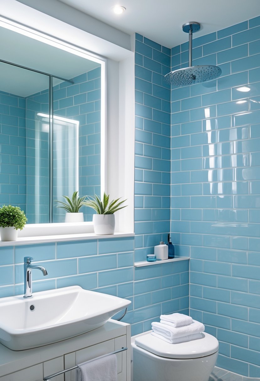 A bathroom with light blue subway tiles on the walls, a white sink with chrome fixtures, a large mirror, and bathroom accessories like a plant and towels.