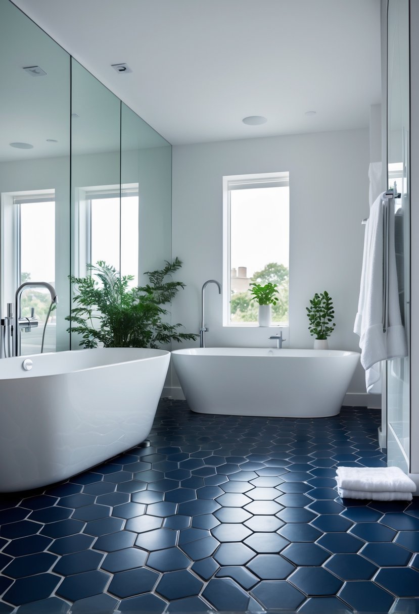 A bathroom with navy blue hexagonal floor tiles, a white bathtub, and light walls.