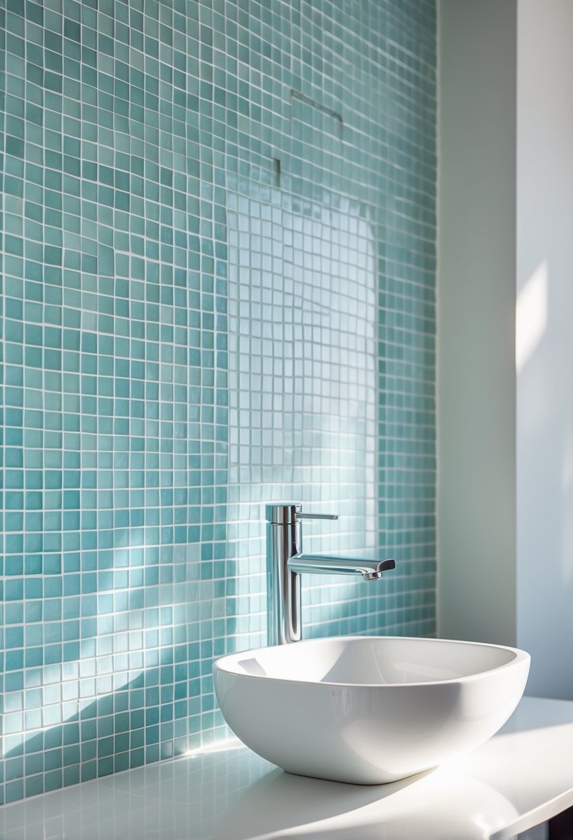 A bathroom sink with a pastel blue mosaic tile backsplash behind it.