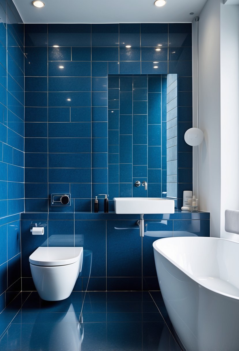 A bathroom with deep blue wall tiles and white sink, toilet, and bathtub.
