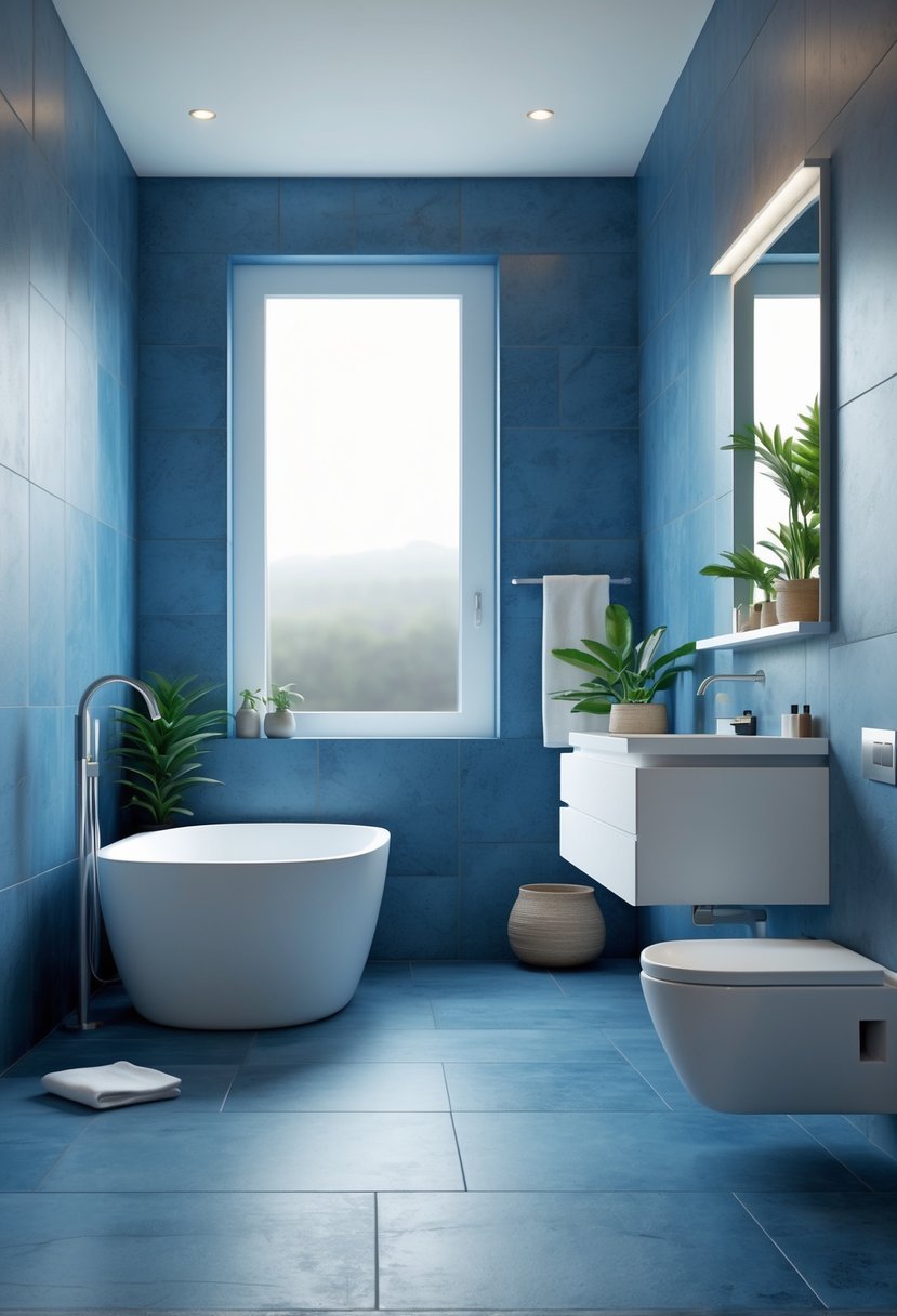 A bathroom with large matte blue tiles on the walls and floor, featuring a white bathtub, floating vanity, and green plants.