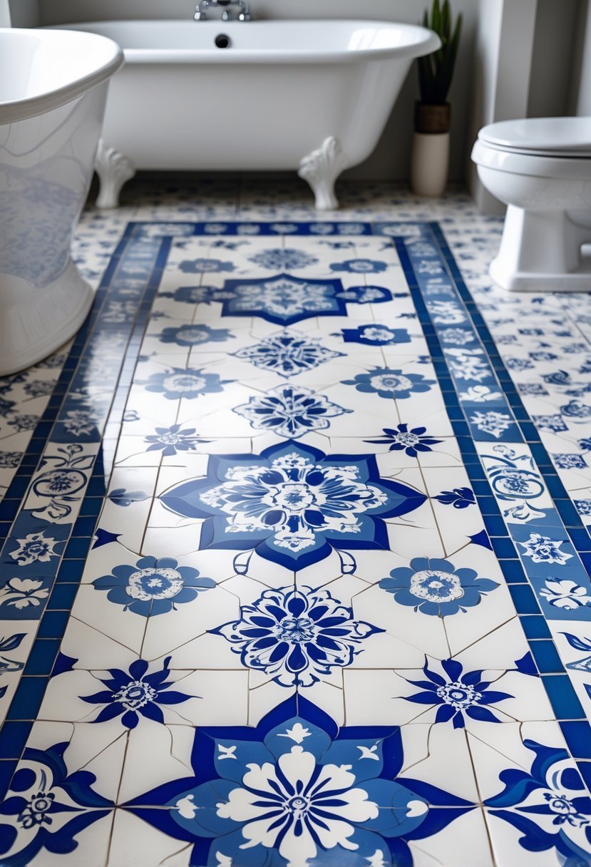 Bathroom floor with blue and white patterned tiles and part of a white bathtub visible.