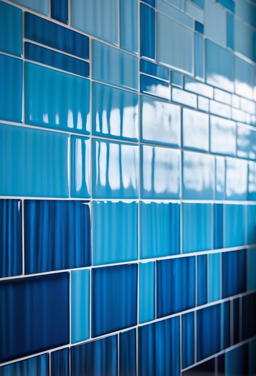 A bathroom wall covered in blue tiles arranged in a gradient from light to dark tones.