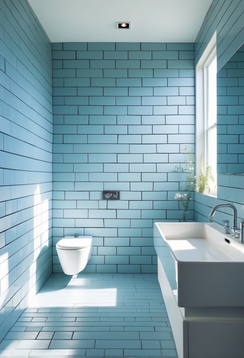 Bathroom wall covered with powder blue subway tiles and dark grout lines, with a white sink and chrome fixtures visible.