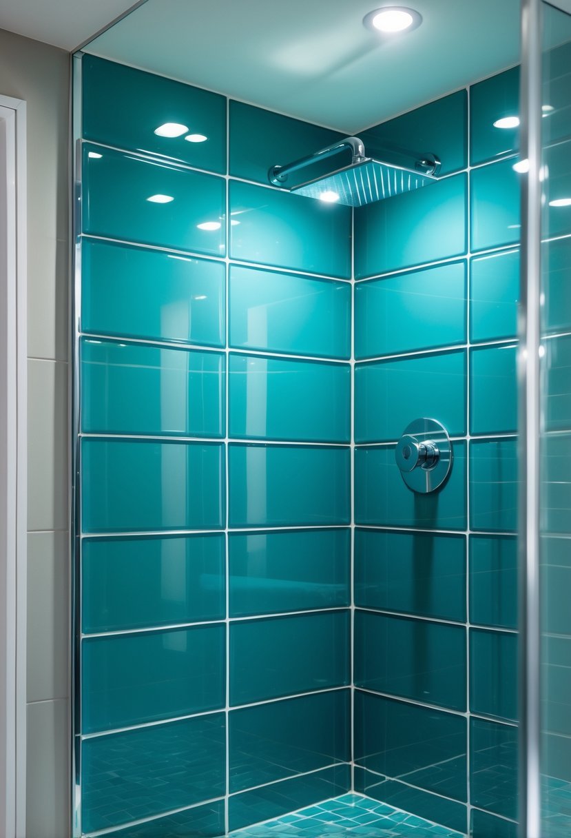 A modern bathroom shower wall with glossy teal blue glass tiles and chrome fixtures.
