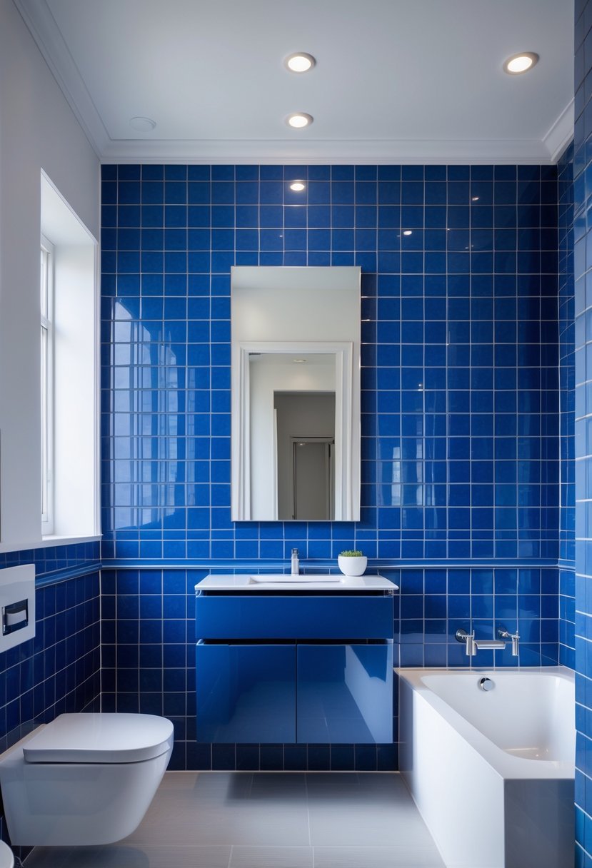 Bathroom interior with blue tiled lower walls and white upper walls, featuring a white vanity and mirror.