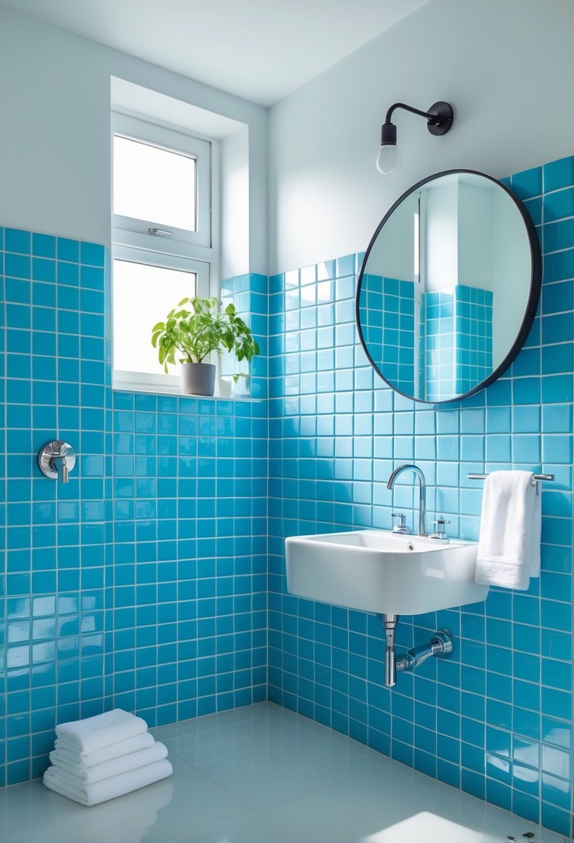 A bathroom with sky blue small square tiles on the walls, a white sink with chrome fixtures, a round mirror, and a small potted plant.