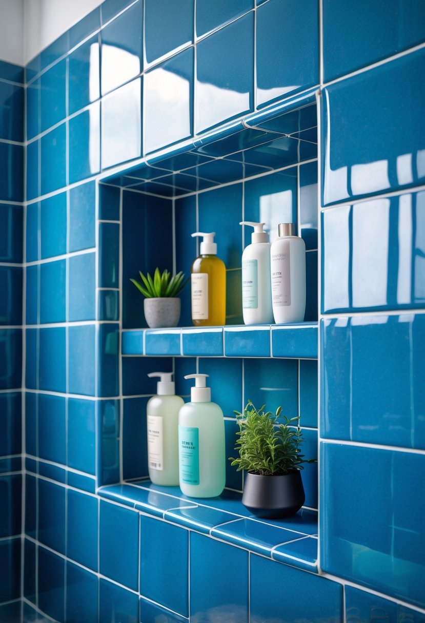 A blue tiled shower niche with built-in shelves holding bathroom items.