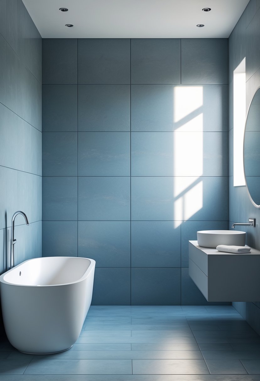 A modern bathroom with steel blue matte tiles on the walls and floor, featuring a white bathtub, floating vanity, and round mirror.
