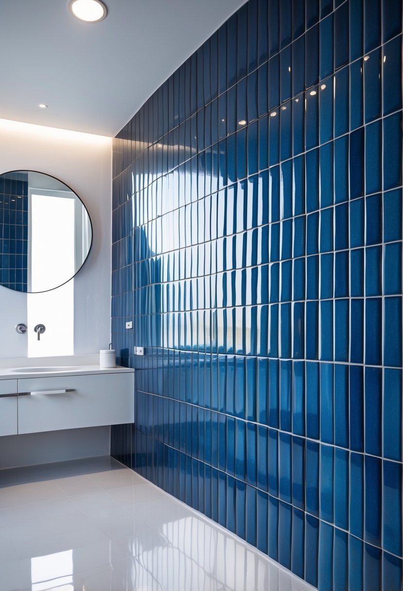 A bathroom wall covered with tall, vertical indigo blue tiles next to a white countertop and round mirror.