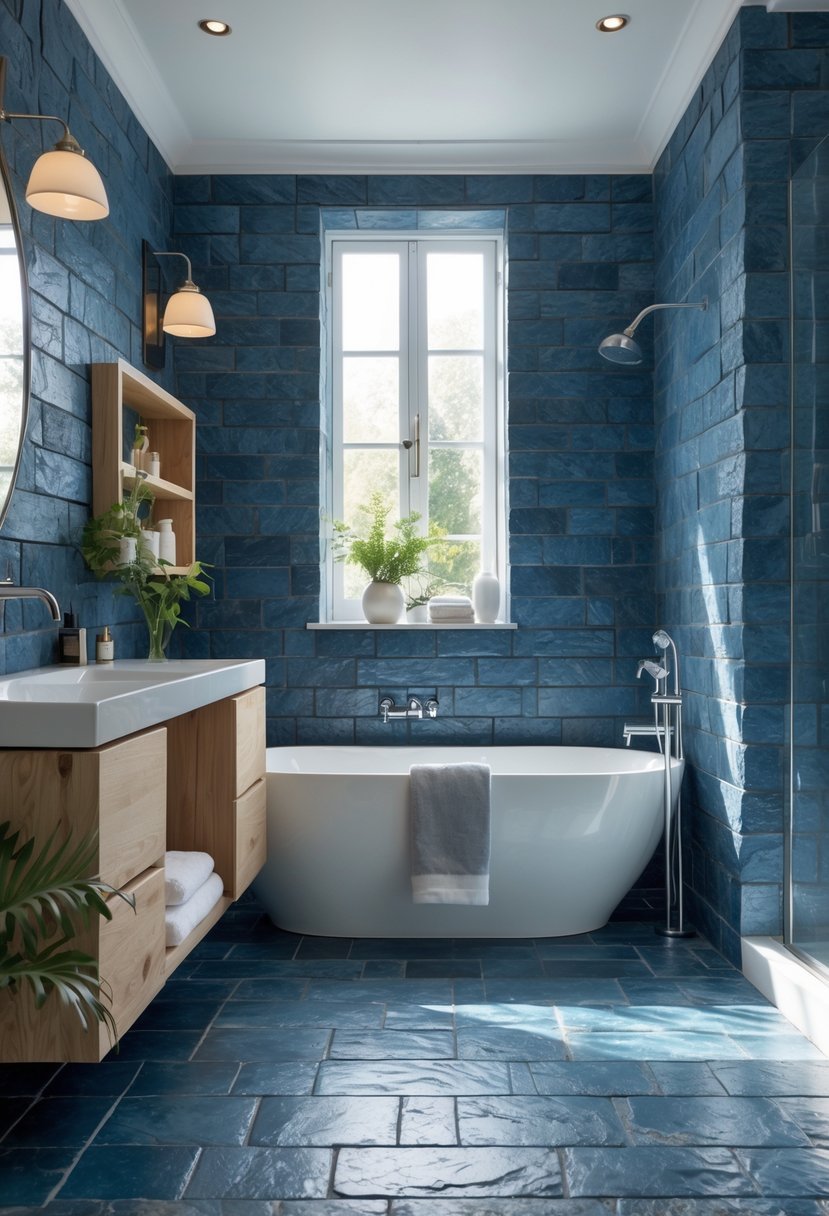 Bathroom with slate blue textured stone tiles on walls and floor, white bathtub, wooden accents, and natural light.