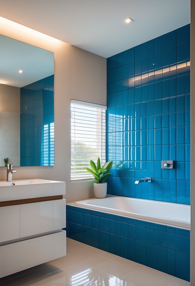 A bathroom with electric blue tile accents on the wall and neutral-colored walls surrounding a white bathtub and modern fixtures.