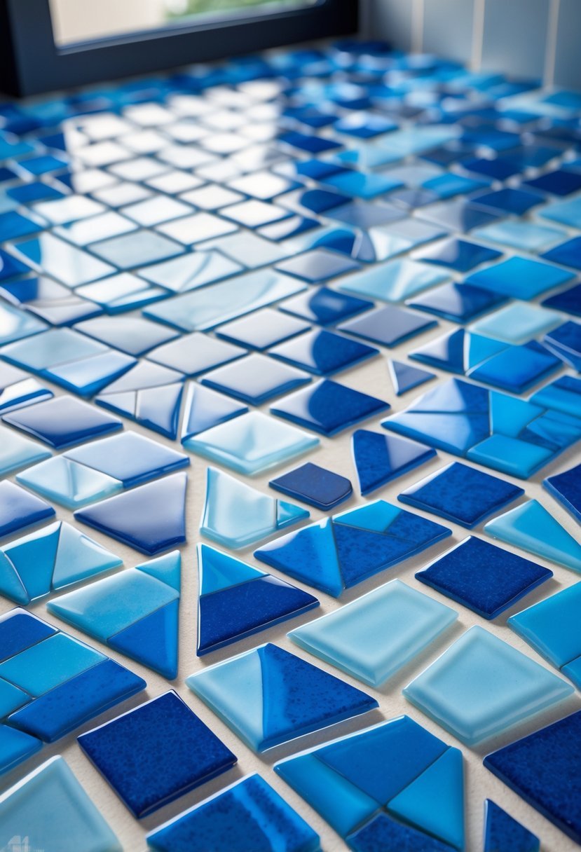 Close-up view of a blue tile mosaic floor with geometric shapes.