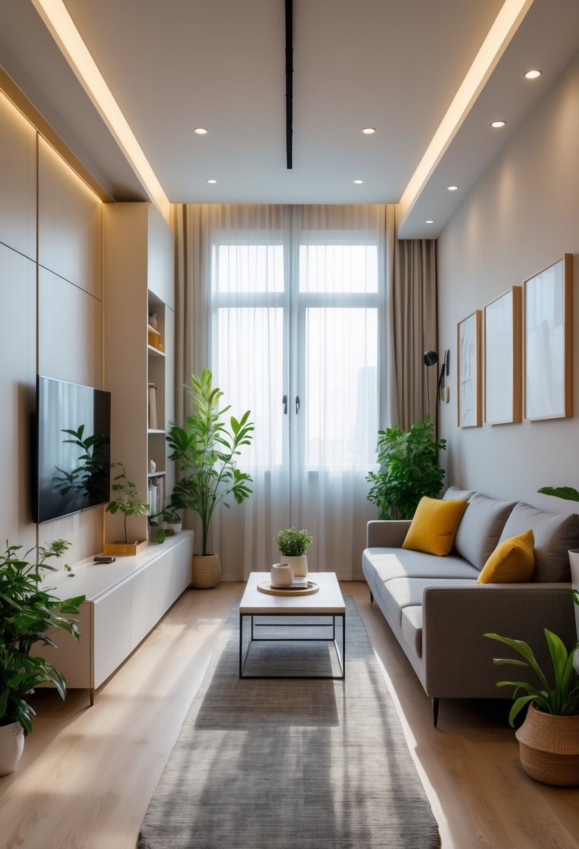 A narrow living room with a sofa, coffee table, tall windows, and plants, designed to maximize space and light.