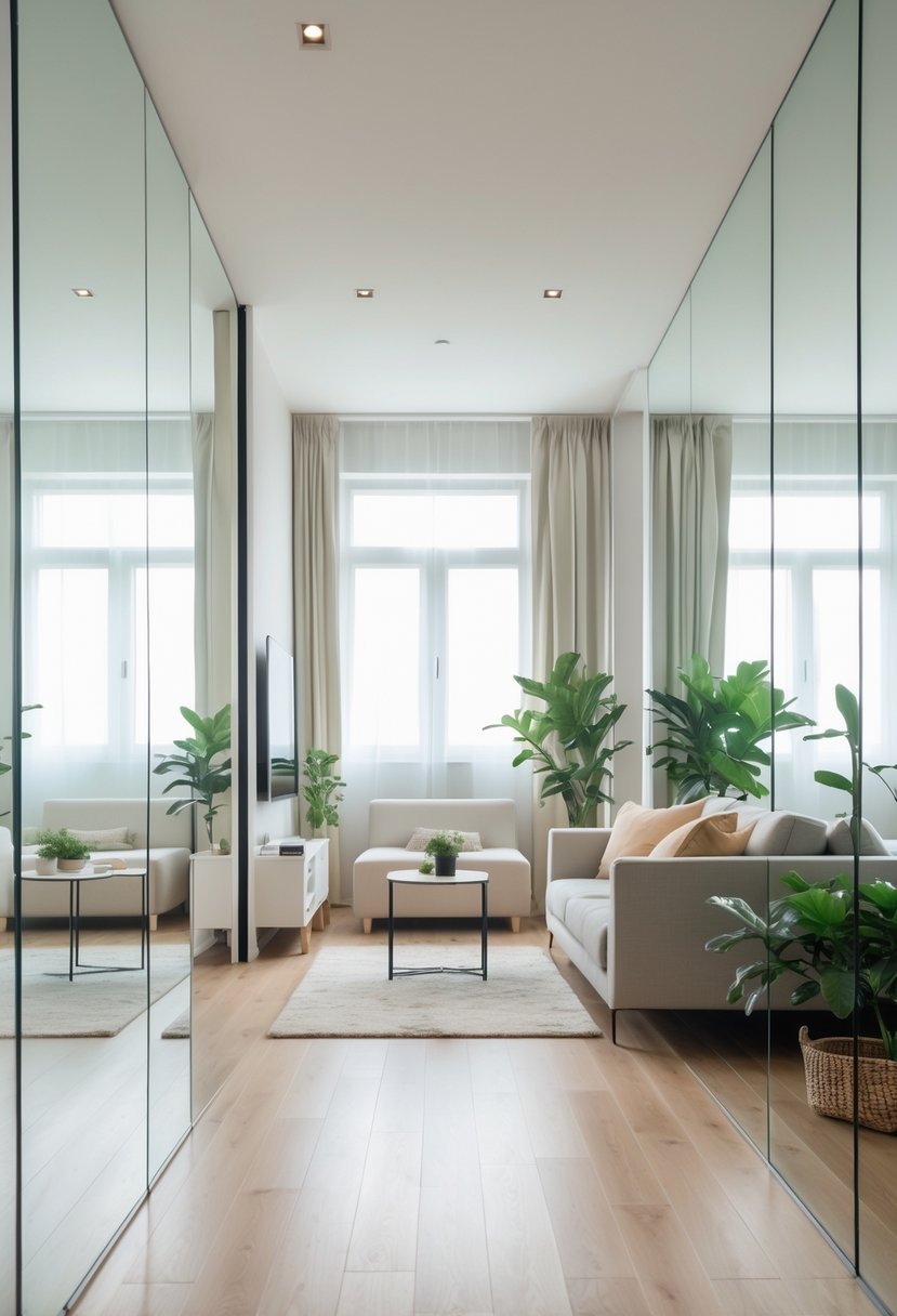 Narrow living room with mirrored walls reflecting a sofa and coffee table, creating a sense of extra space.