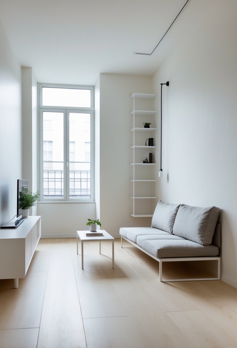 A narrow living room with slim furniture and natural light, showing an uncluttered and open space.