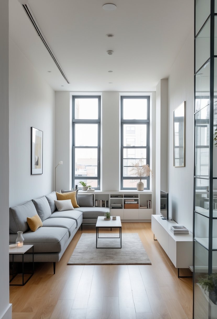 Narrow living room with a sofa placed along the longest wall, a coffee table in front, and natural light filling the space.