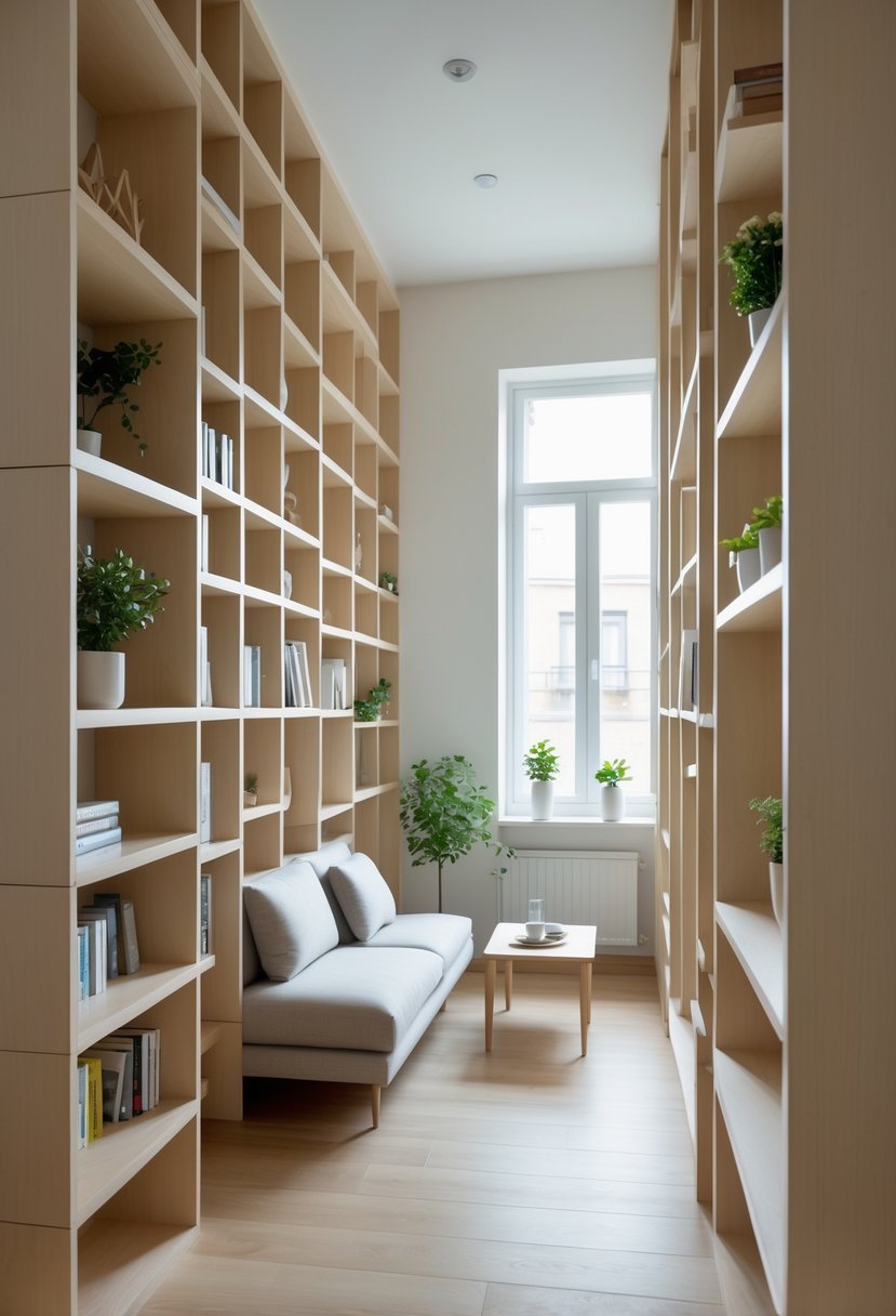 Narrow living room with vertical wall shelves, a compact sofa, and a small coffee table, showing an organized and spacious arrangement.