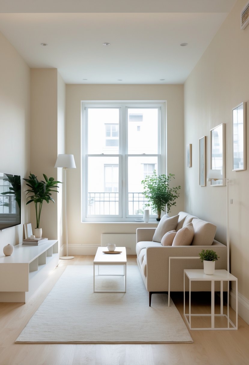 A narrow living room with light-colored walls, natural light from large windows, a sofa, coffee table, and minimal decorations.