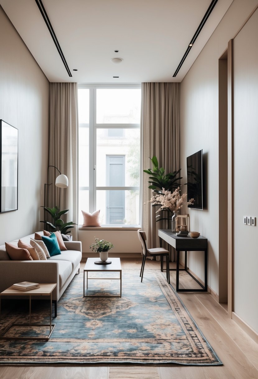 Narrow living room with rugs defining separate seating and dining areas, featuring a sofa, coffee table, and natural light from tall windows.