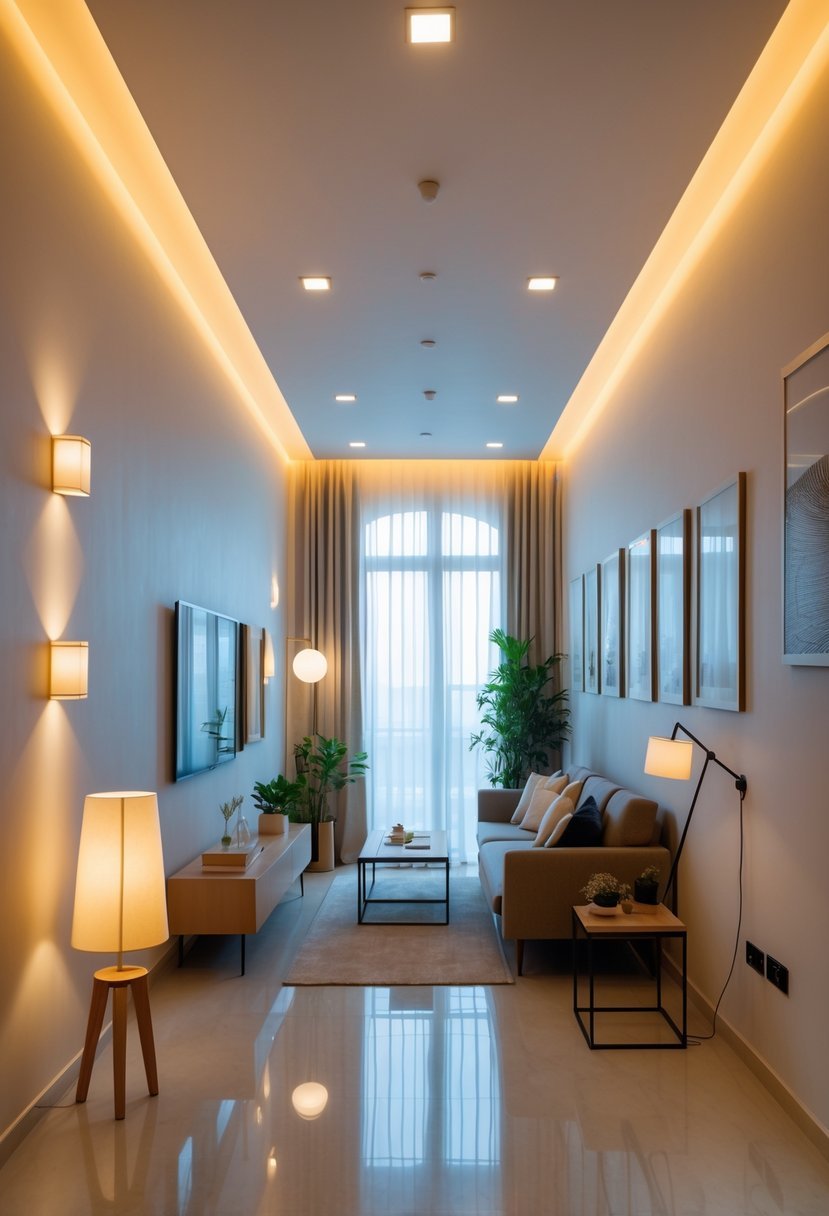 A narrow living room with multiple light sources including ceiling lights, a floor lamp, and wall sconces, creating a warm and balanced illumination.