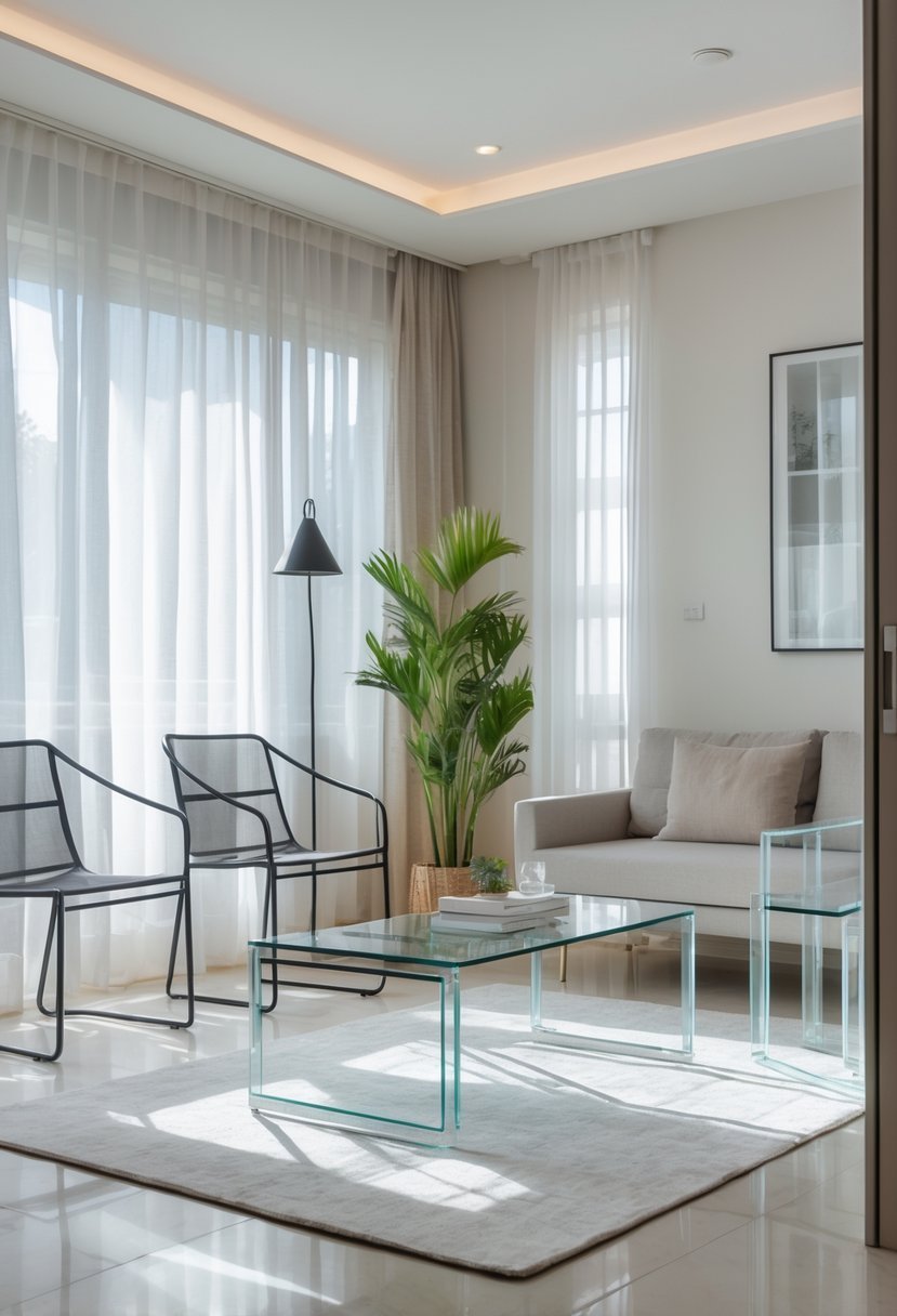 Narrow living room with a glass coffee table, sofa, chairs, and natural light from large windows.