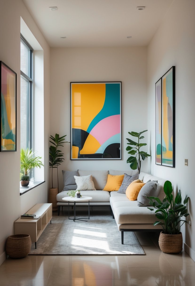 A narrow living room with a sofa and colorful artwork hung at eye level above it, brightened by natural light from a window.