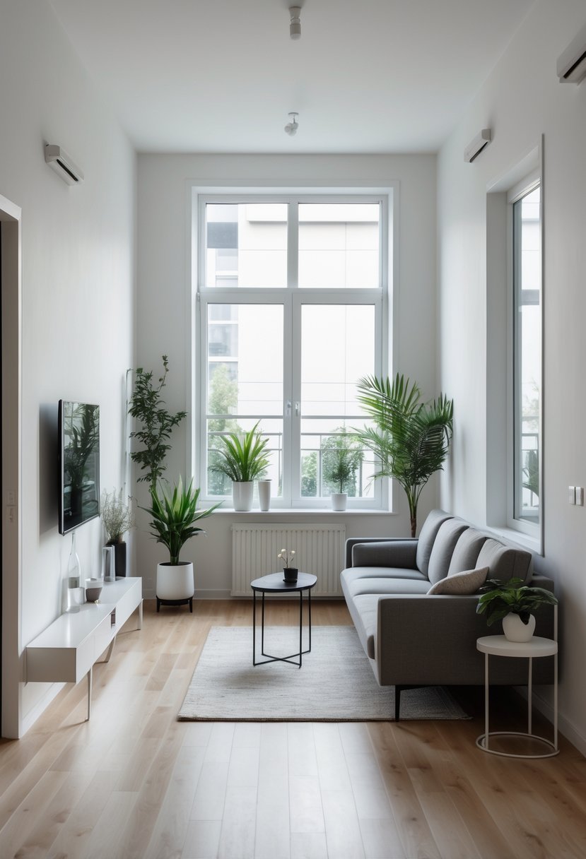 A narrow living room with a sofa positioned away from the walls, creating open pathways around the furniture.