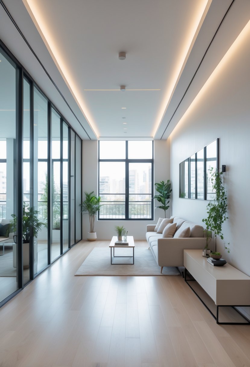 A narrow living room with a sofa, coffee table, plants, and large windows letting in natural light.