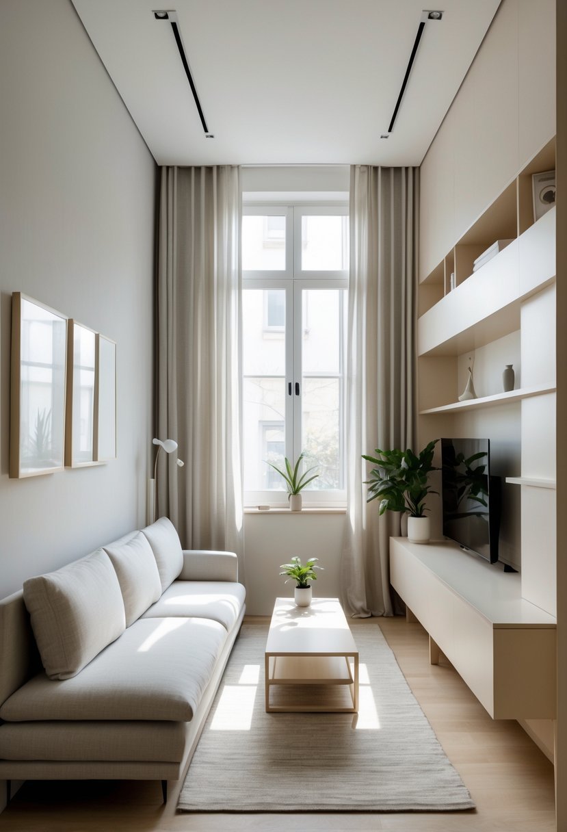 A narrow living room with a slim sofa, narrow coffee table, built-in shelves, and a tall window letting in natural light.