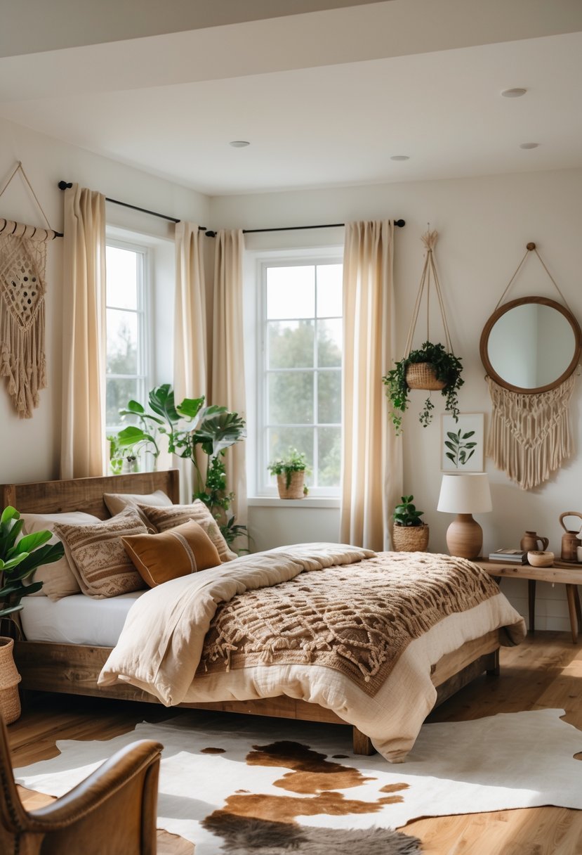 A bright bedroom with a wooden bed, textured bedding, plants, and rustic furniture arranged in a cozy setting.