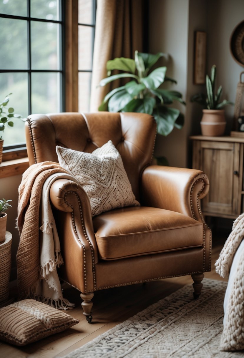 A leather accent chair with nailhead trim in a warmly lit bedroom corner with natural light, wooden furniture, and decorative plants.