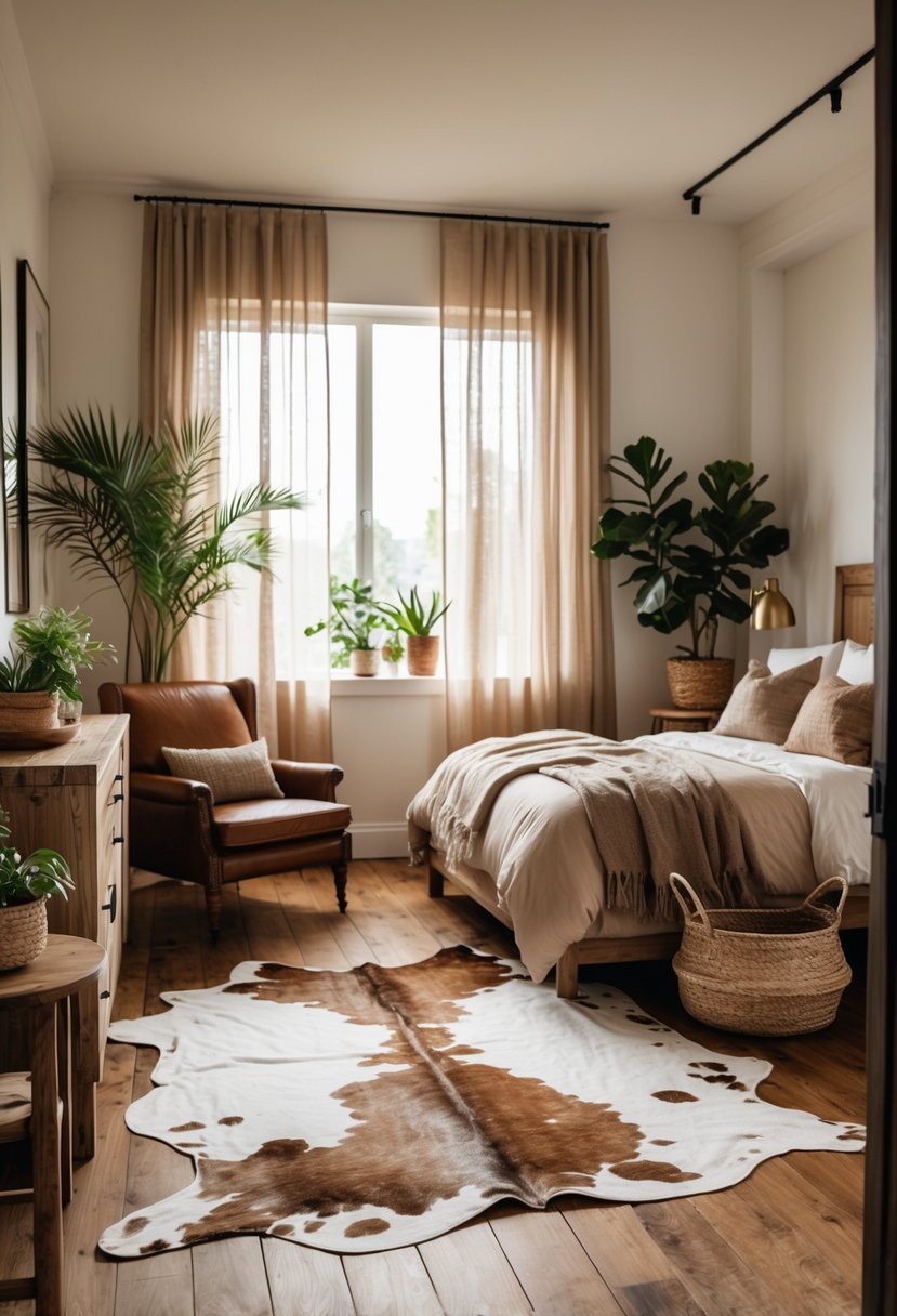 A cozy bedroom with a cowhide rug on the wooden floor, a bed with pillows and blankets, wooden furniture, plants, and soft natural light.