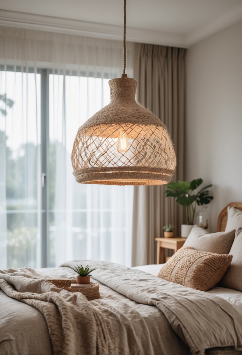 A bedroom with a bed, bedside table with a plant, and a woven pendant light hanging from the ceiling.