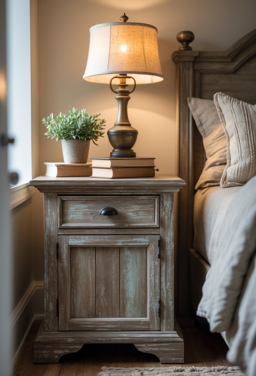 A wooden nightstand with a lamp, plant, and books next to a bed in a softly lit bedroom.