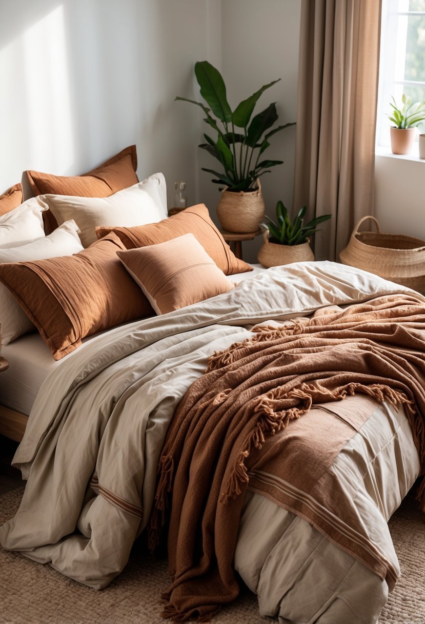 A cozy bedroom with a bed made up in layered earth-tone bedding, surrounded by wooden furniture and plants.