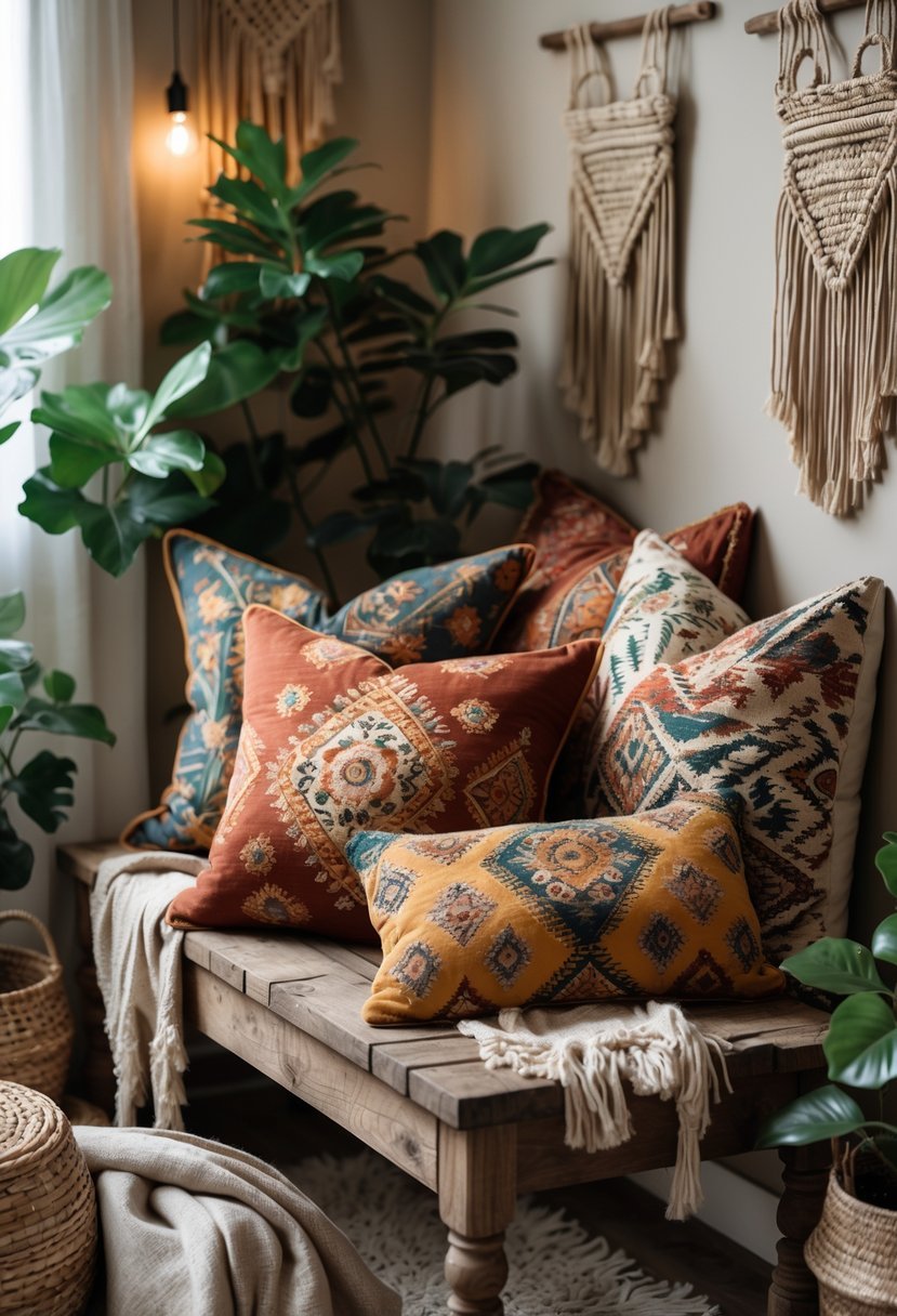 A cozy bedroom corner with patterned throw pillows on a wooden bench, surrounded by plants and woven baskets.