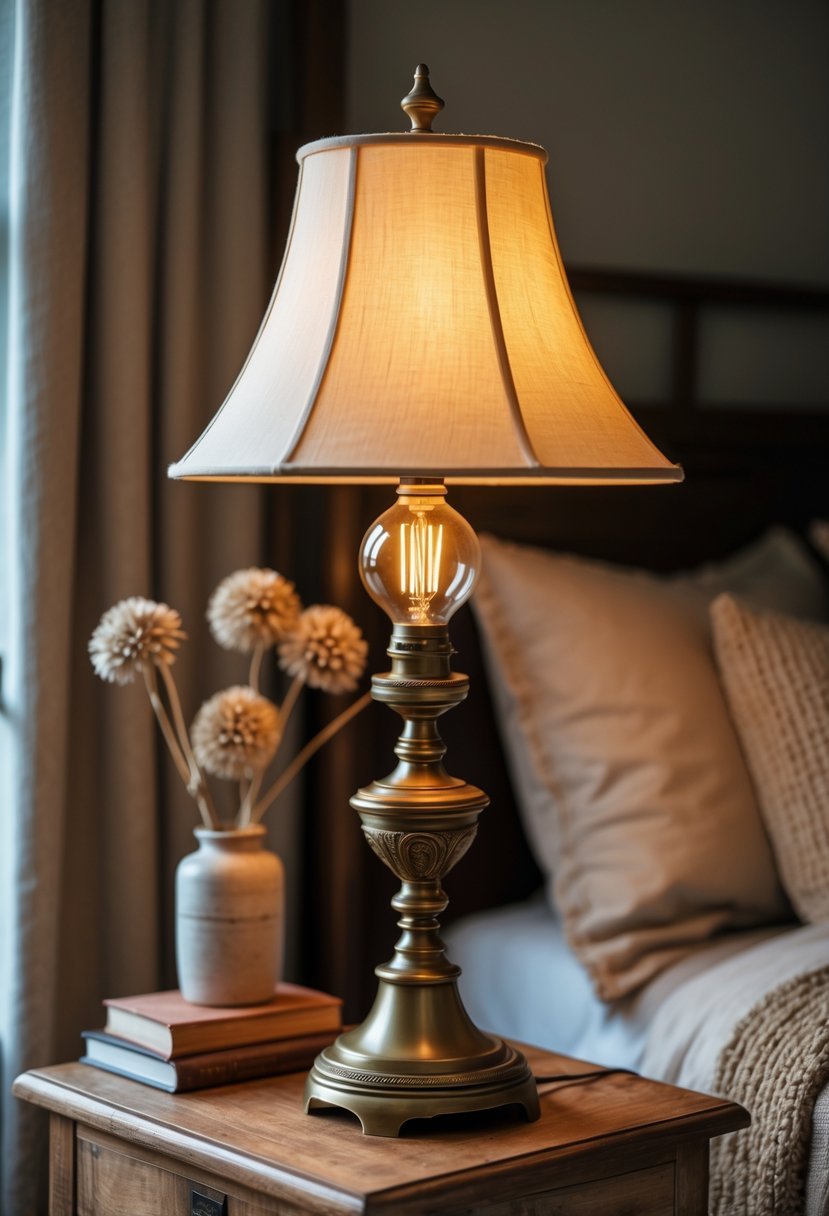 A brass table lamp on a wooden bedside table next to a bed with pillows and a throw in a softly lit bedroom.