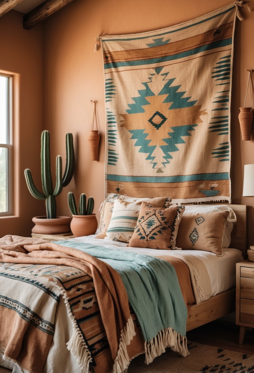 A cozy bedroom with a bed, wooden furniture, and a large decorative tapestry hanging on the wall above the bed.