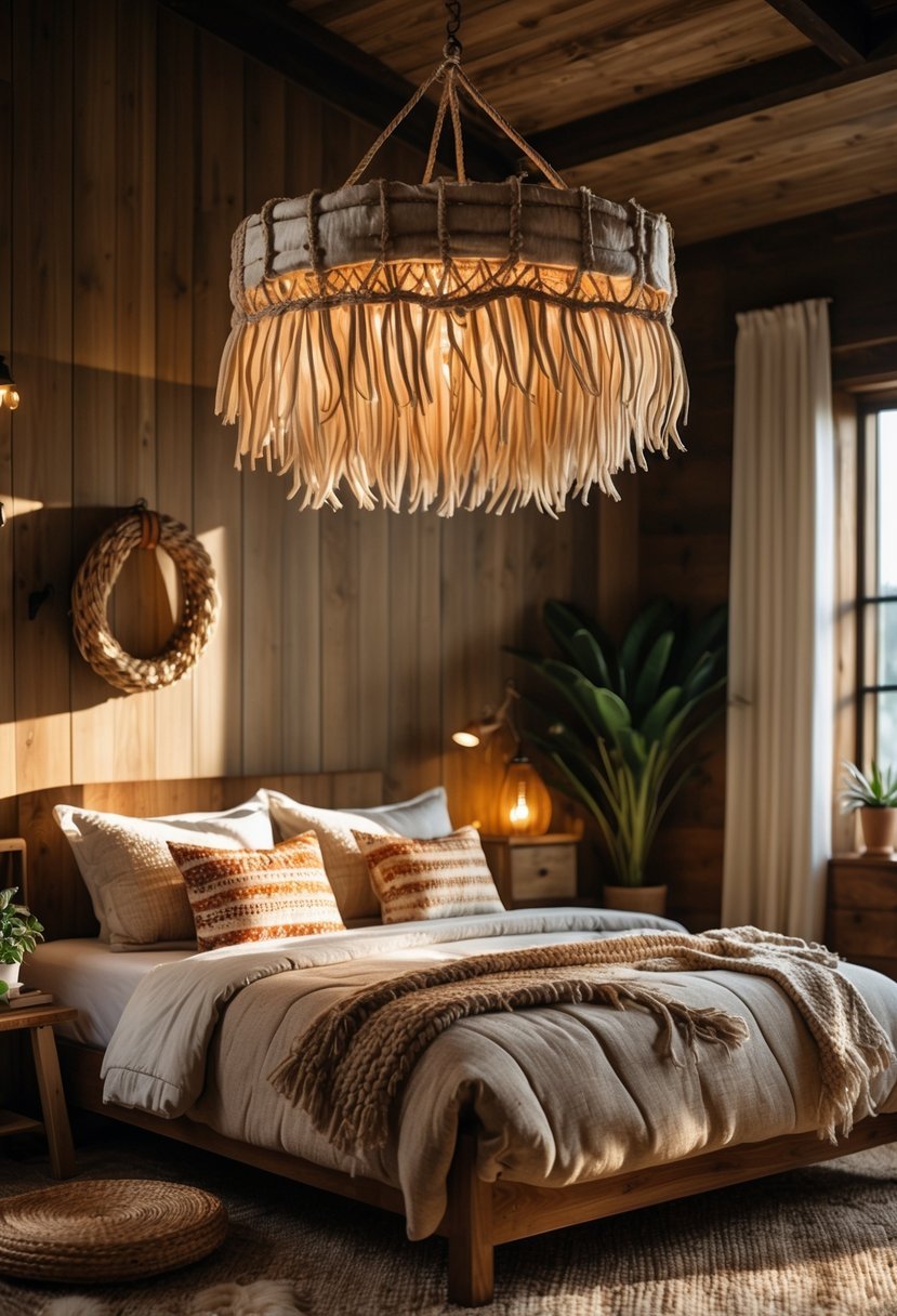 A bedroom with a rawhide chandelier hanging from the ceiling above a bed with pillows and blankets, wooden furniture, and plants.