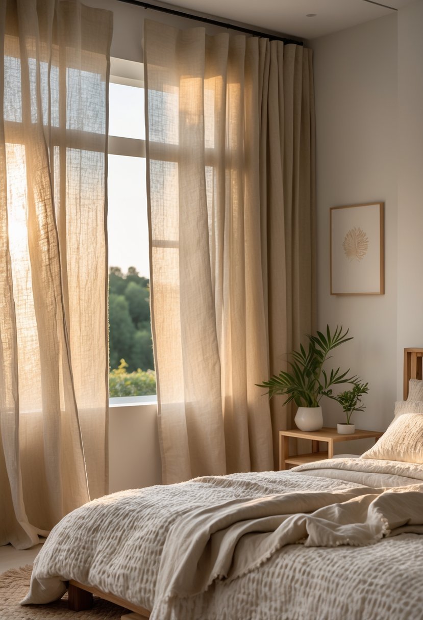 A bedroom with natural linen curtains letting in soft sunlight, a bed with light bedding, wooden furniture, and a small plant on a bedside table.