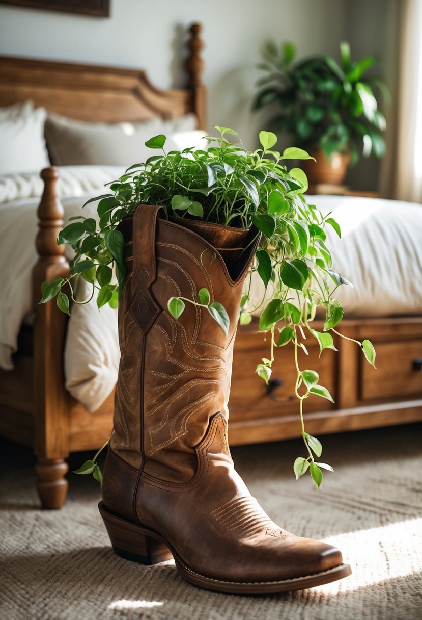A cowboy boot used as a plant holder placed in a cozy bedroom with wooden furniture and soft bedding.