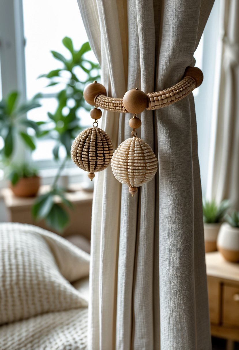 Close-up of beaded curtain tiebacks holding back curtains in a bedroom with a bed and plants in the background.
