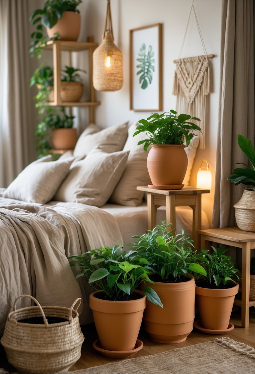 A cozy bedroom with terracotta plant pots on wooden shelves and bedside tables, featuring green plants and warm natural lighting.