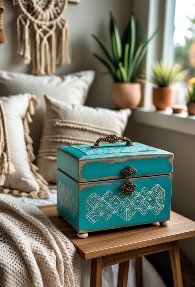A turquoise jewelry box on a wooden bedside table surrounded by soft textiles and plants in a cozy bedroom.
