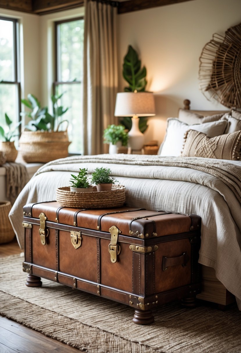 A vintage leather trunk bench at the foot of a bed in a warmly lit bedroom with wooden floors and decorative plants.