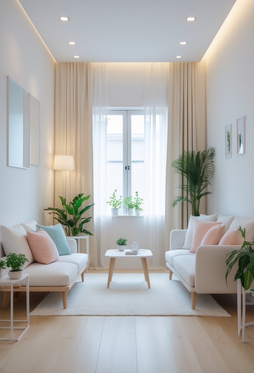 A small living room with soft white and pastel walls, natural light, modern furniture, and plants creating an open and bright space.