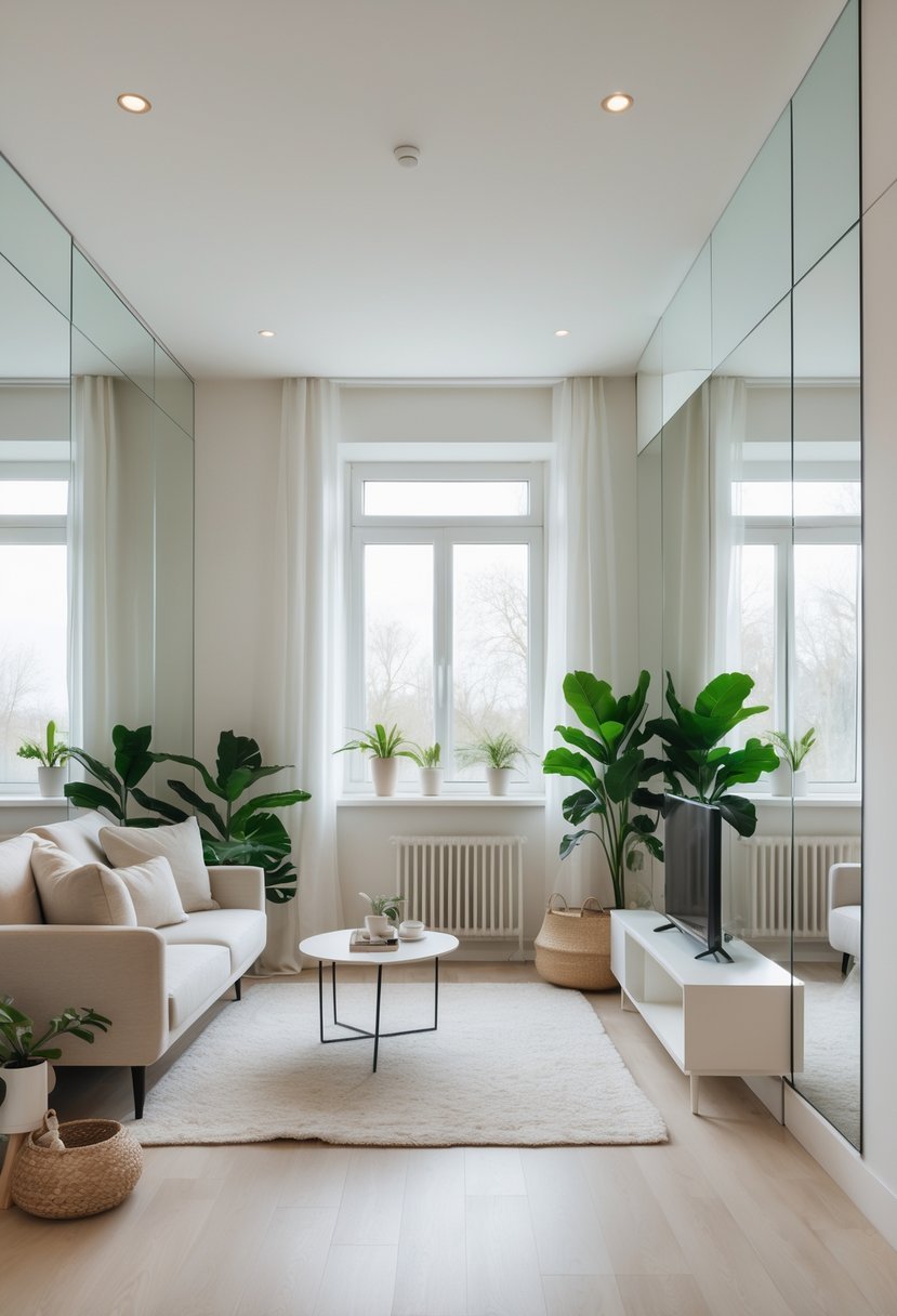 A small living room with mirrors on the walls reflecting natural light, featuring a sofa, coffee table, and plants.