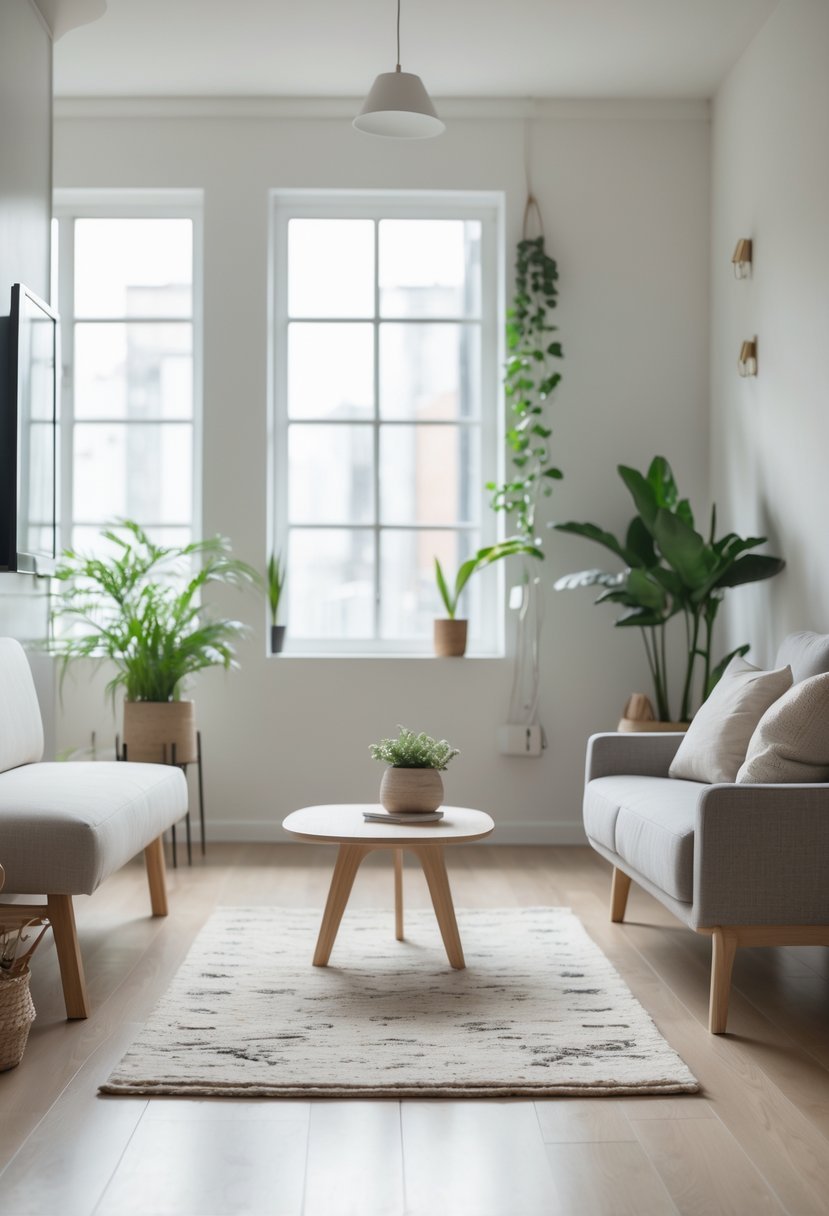 Small living room with furniture featuring exposed legs, natural light, plants, and a clean, open layout.
